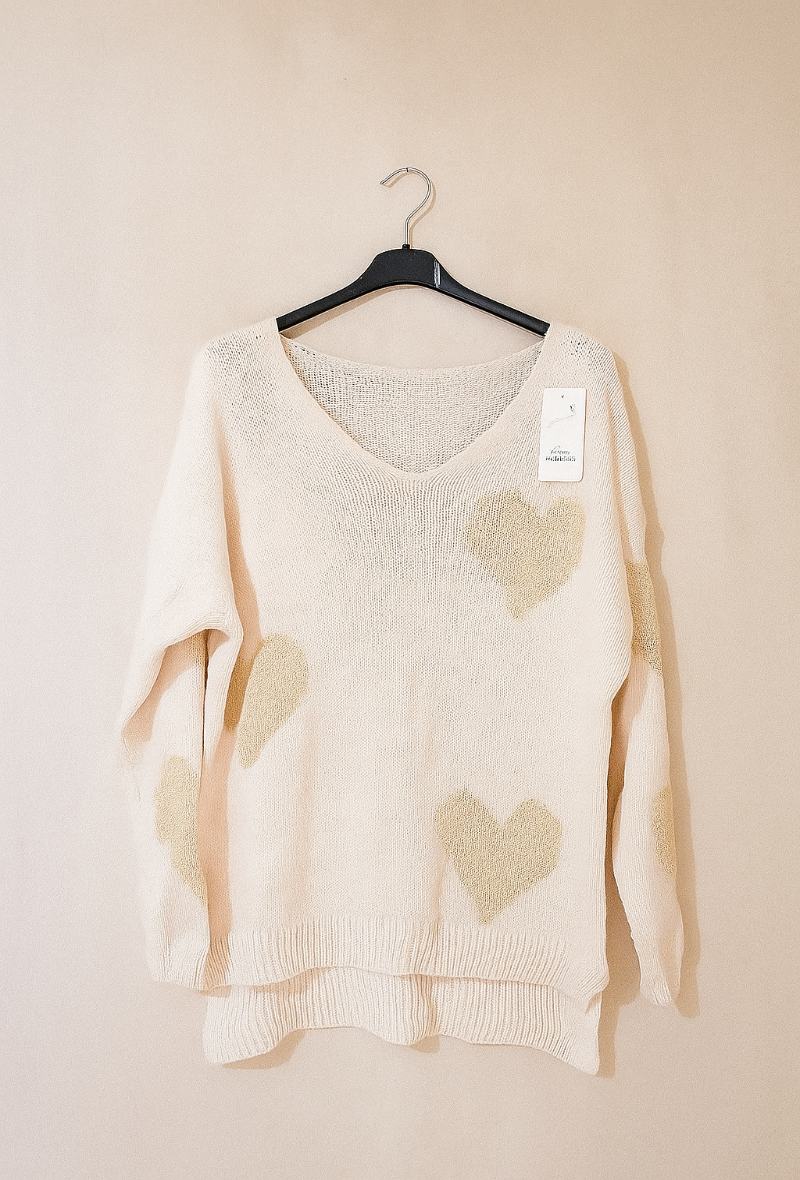 Pull col V coeur brillant