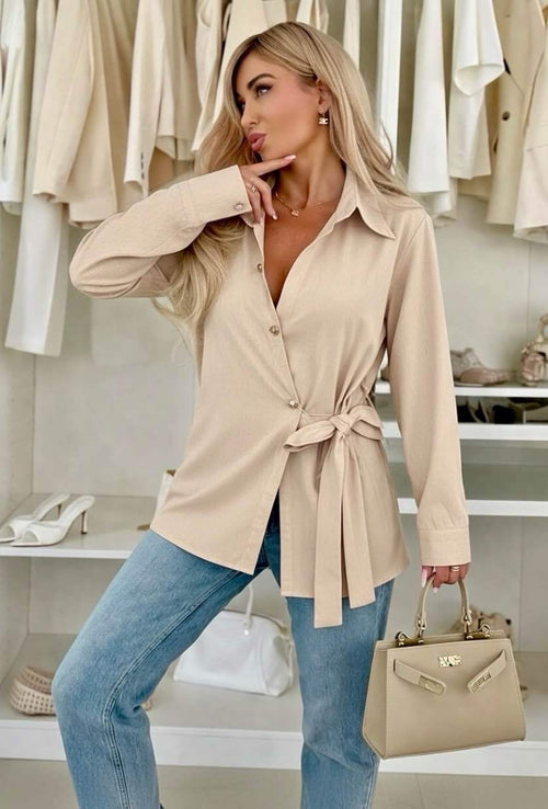 blouse cache-cœur beige élégante coupe cintrée en coton - Les Pépites de Christelle