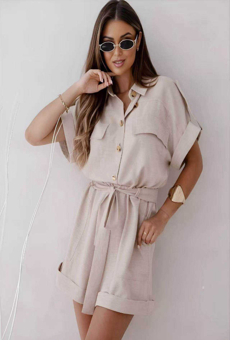 Combishort col chemise boutons dorés avec lien