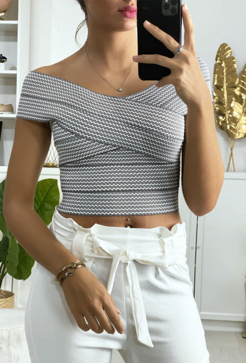 Crop top noir à motif blanc - Image 1