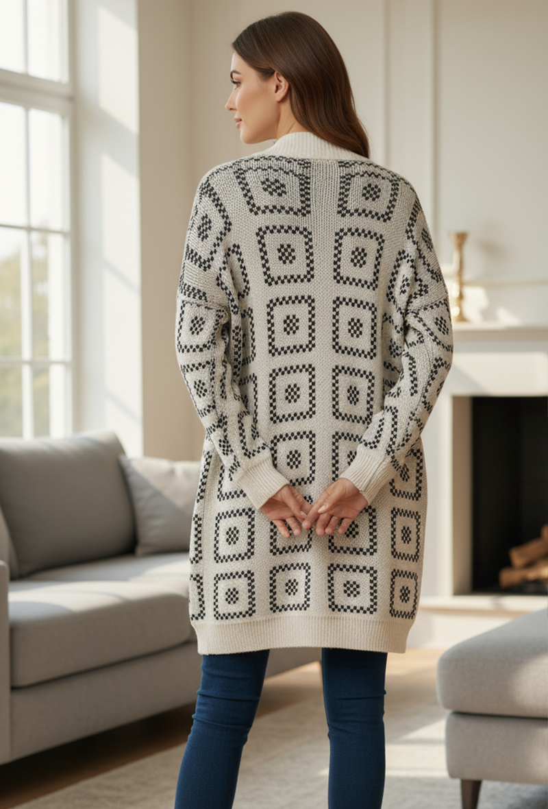 Gilet Long en Maille à Motif Carré