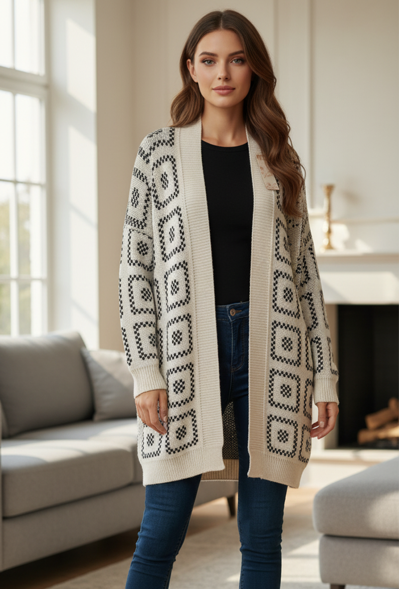 Gilet Long en Maille à Motif Carré