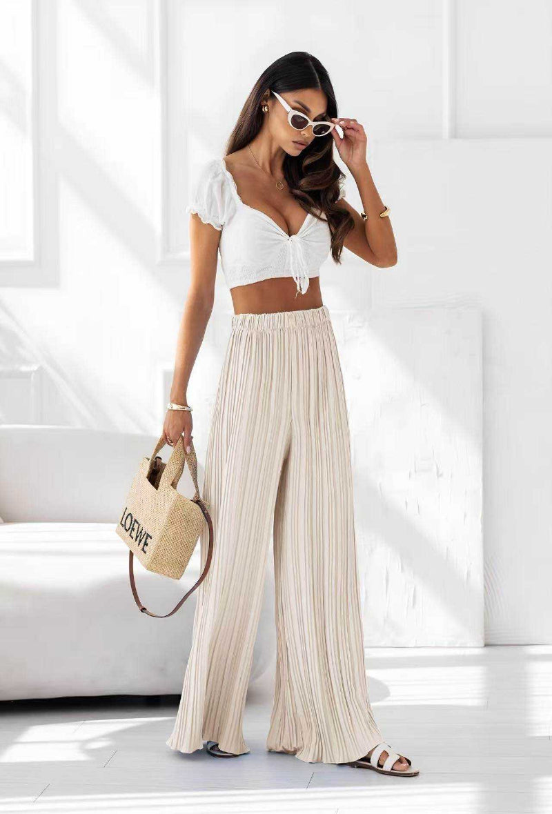 Pantalon Large Plissé – Taille Élastique – Tissu Fluide et Léger - Image 1