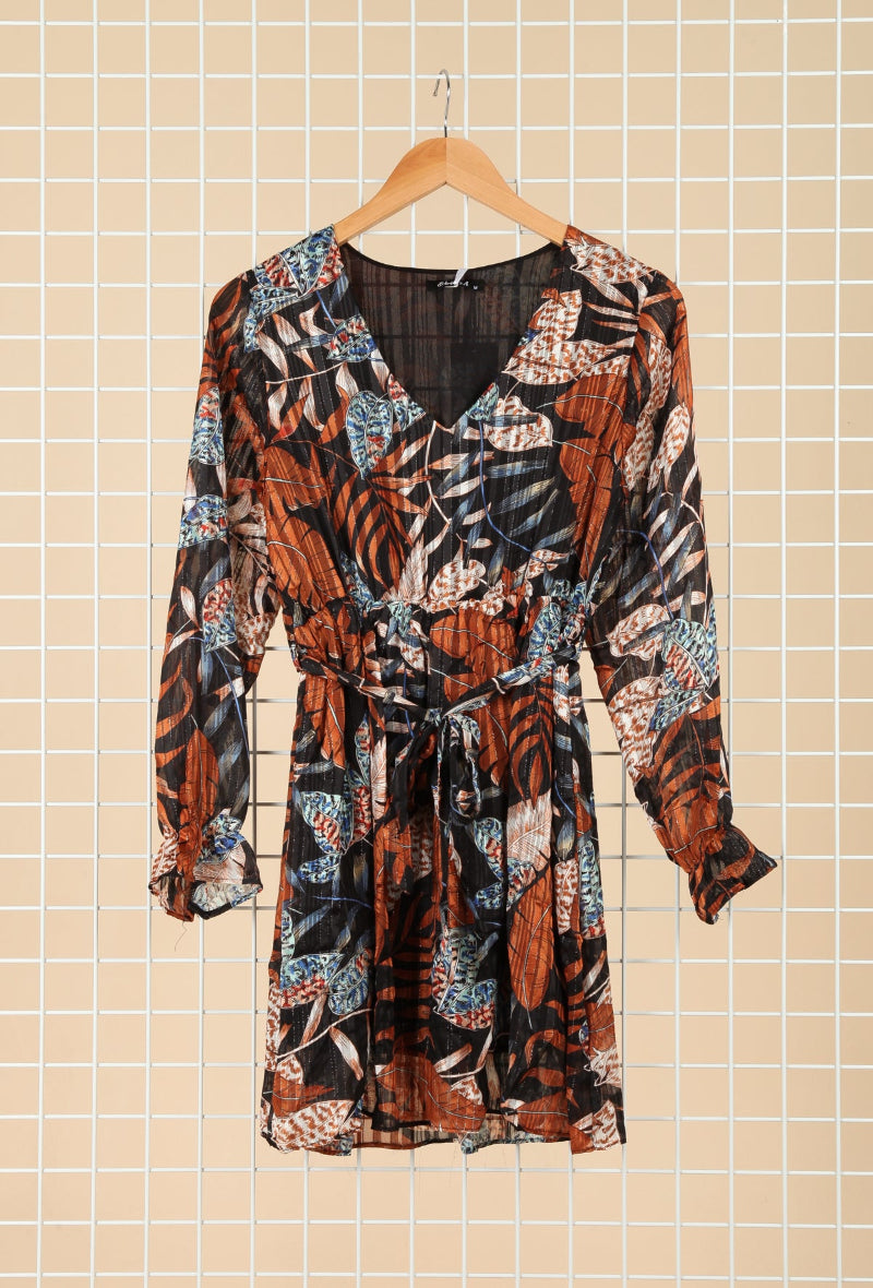 Robe Noire à Motif Feuilles