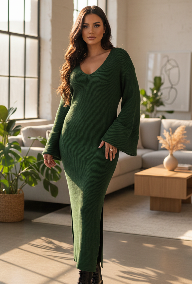 Robe longue en maille 100% acrylique de couleur verte Les pépites de Christelle