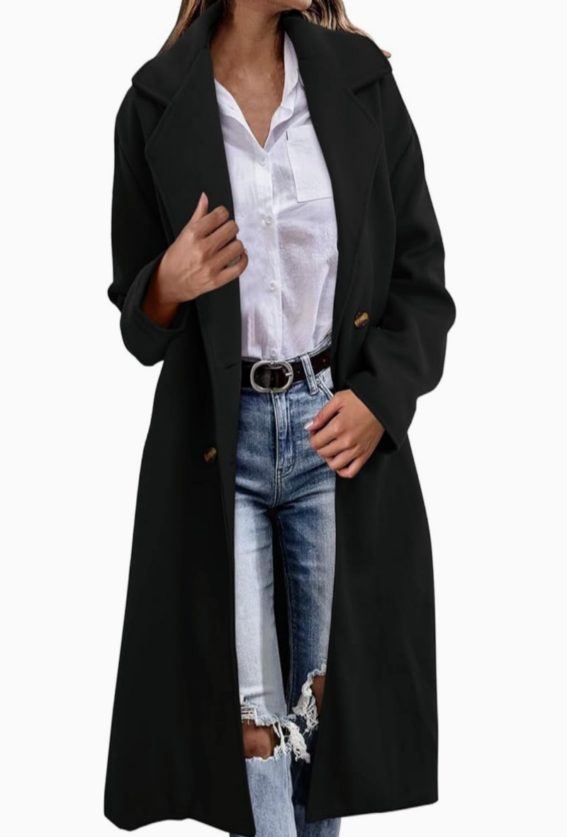 Veste Manteau Mi-Long Noire avec Poches