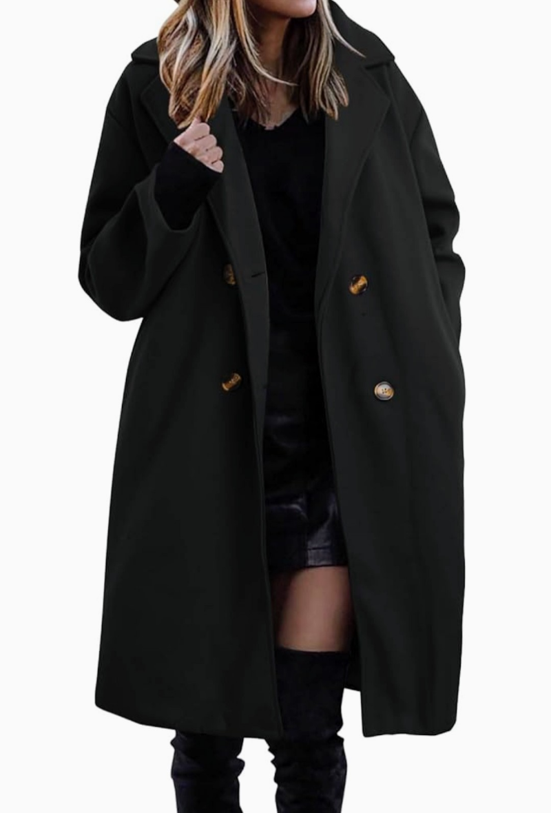 Veste Manteau Mi-Long Noire avec Poches